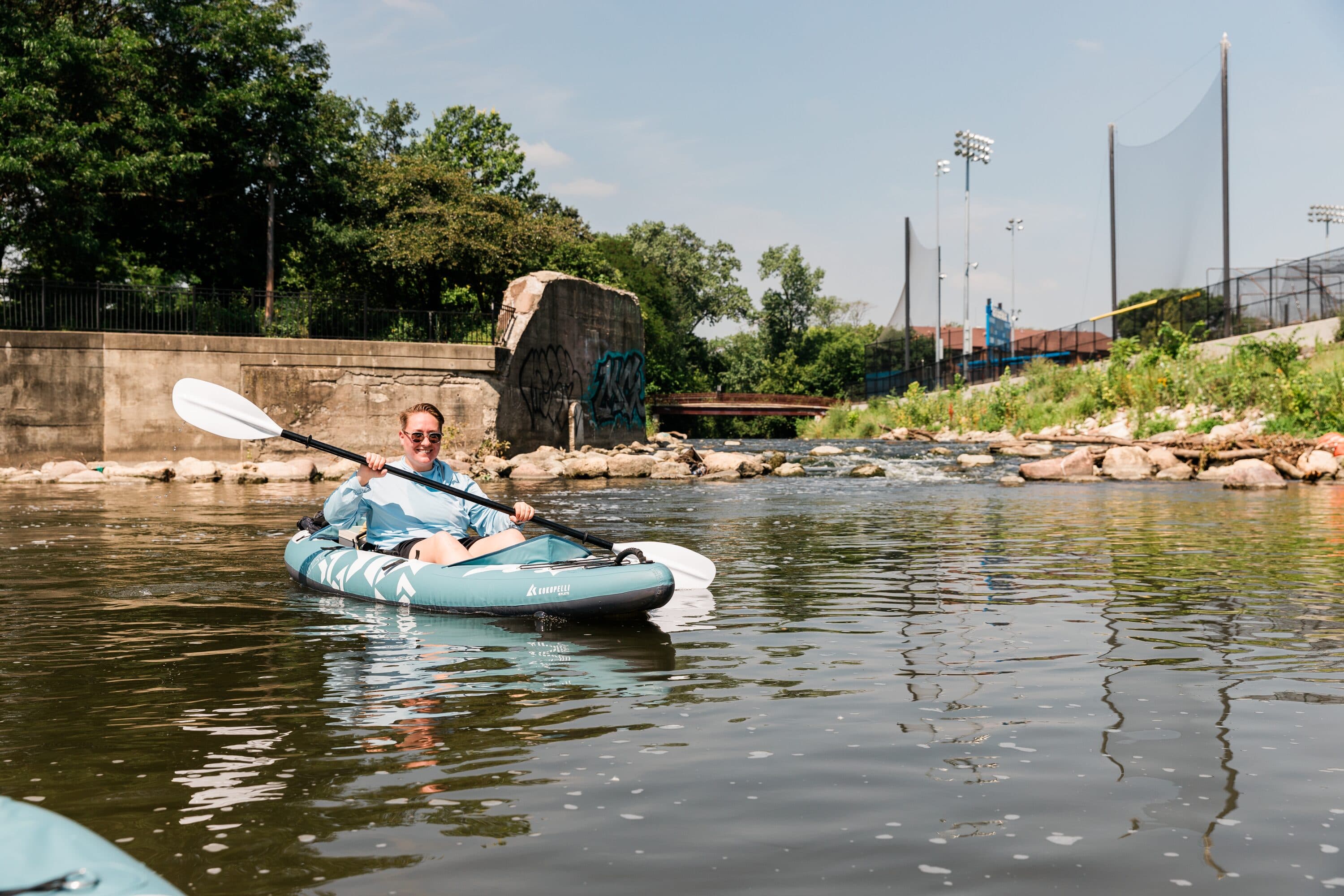 Paddling past the North Shore Channel waterfall